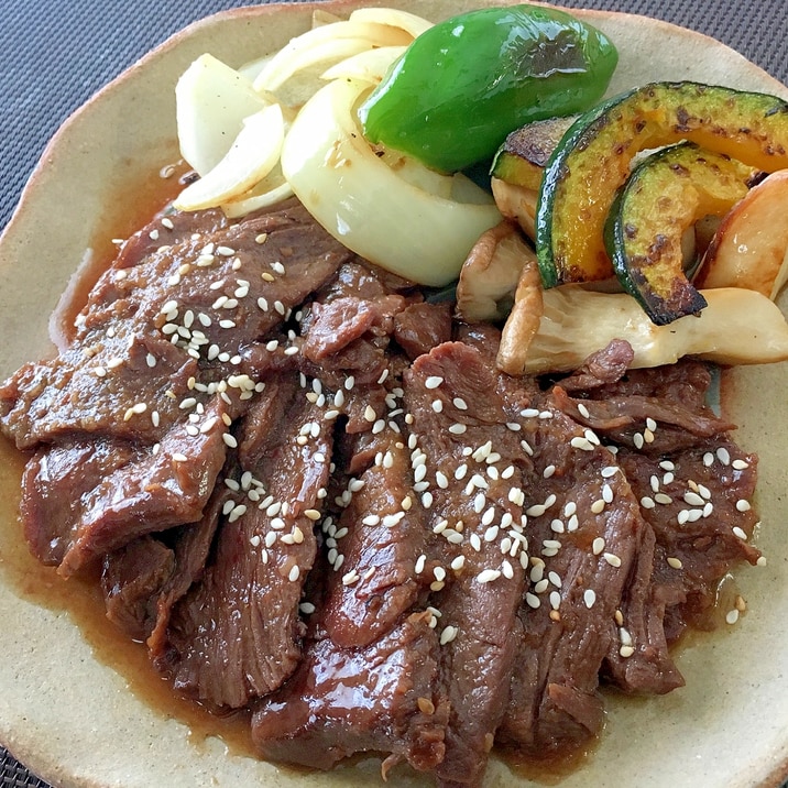 焼き肉と焼き野菜のワンプレート タレ漬け牛肉で簡単 レシピ 作り方 By Balletmom 楽天レシピ